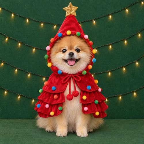 Pomeranian wearing the Christmas Tree Dog Costume in Red