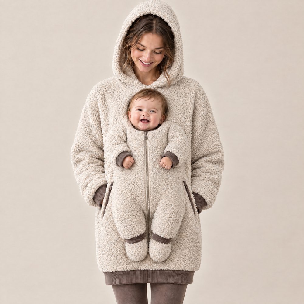 Mother wearing the Huggaroo Carrier Hoodie in Oatmeal Cream with baby in the pouch